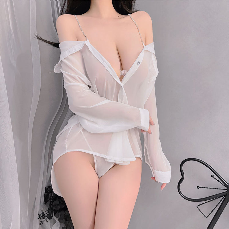 Plus-Size Lingerie Boyfriend Shirt Sexy See-Through Cute Pajamas Camisole Internet Celebrity Live Streaming Outfit Sexy Lace