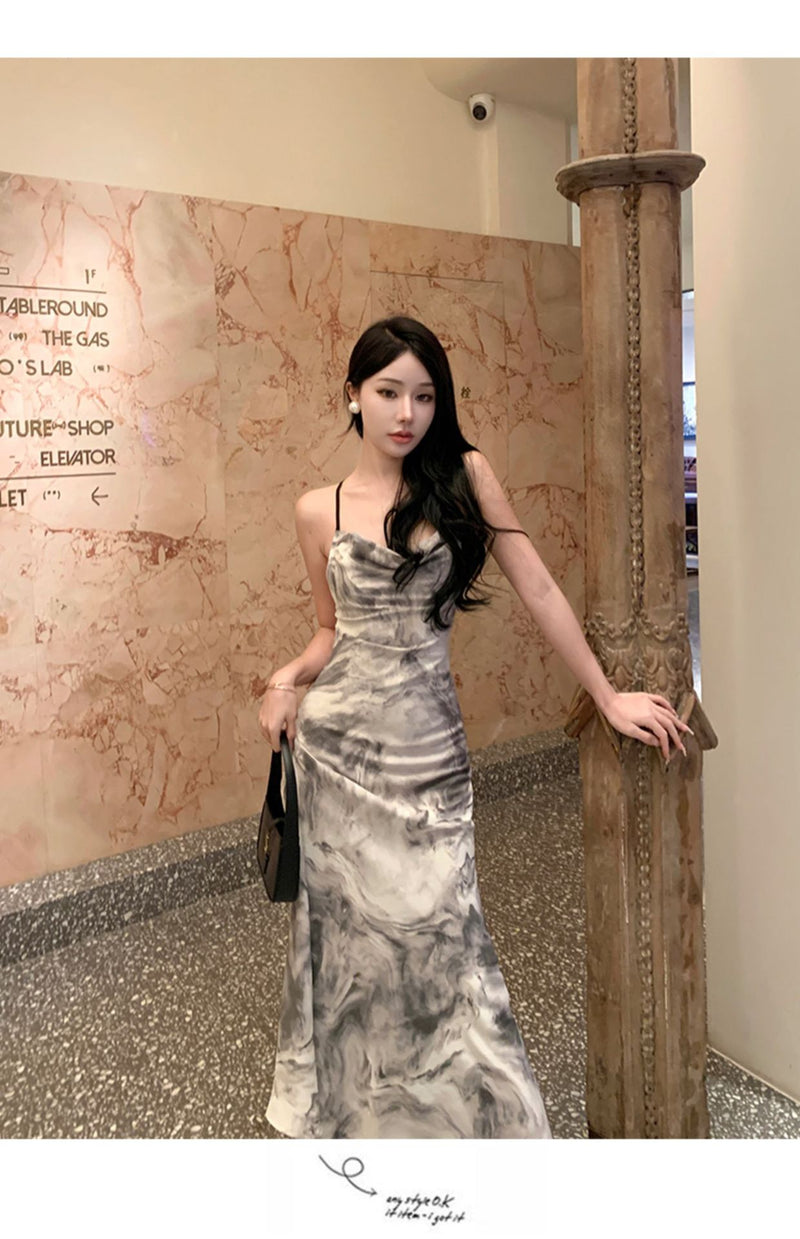 Ink Painting Suspender Dress for Women Summer 2025 New New Chinoiserie Backless Elegant Design Long Skirt Summer Dress