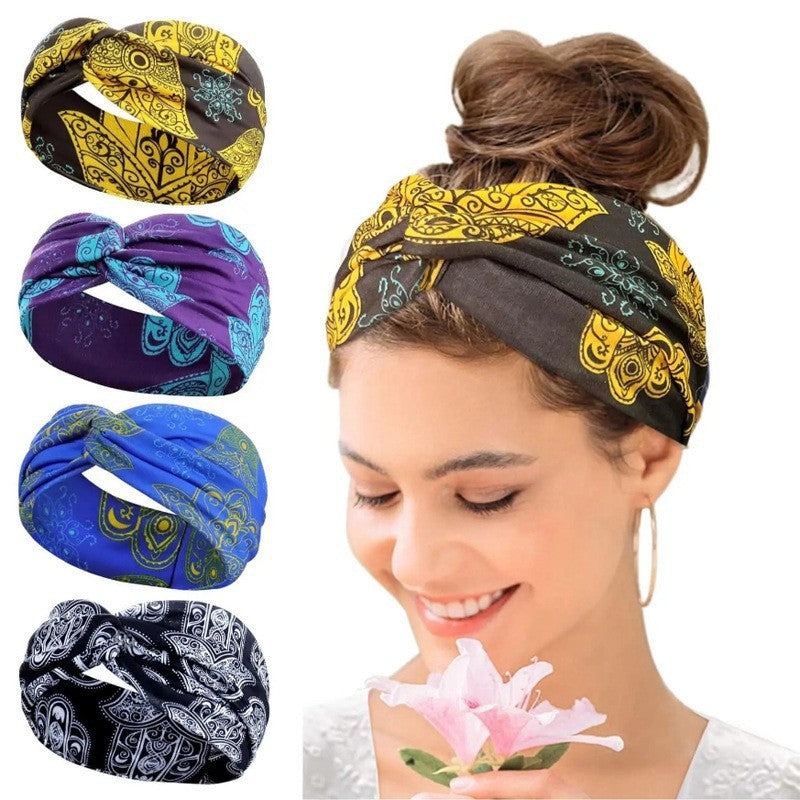 Bohemian Yoga Sports Headband Women's Elastic Non-Slip Wide Headband Exercise Running Sweat-Absorbent Women's European and American Headband