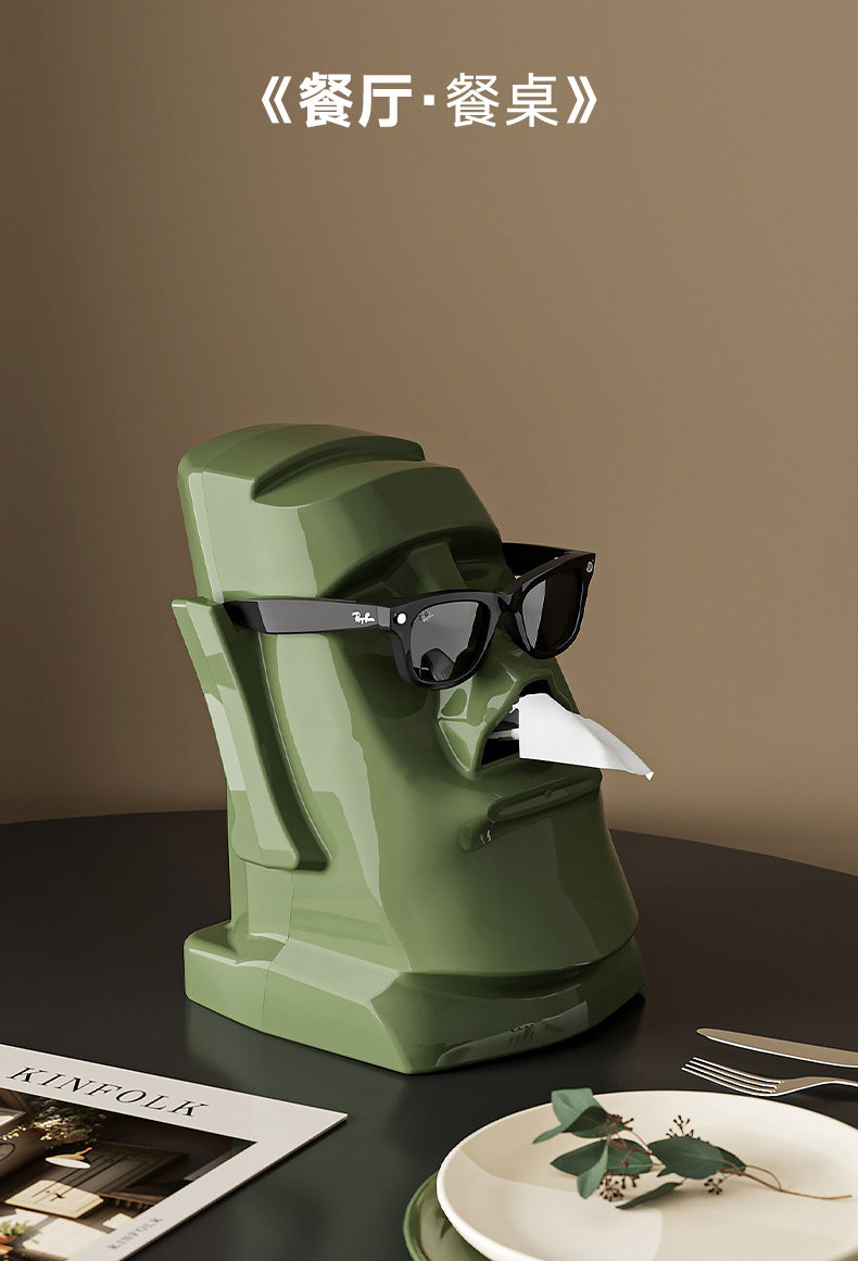 Creative Tissue Box Household Multifunctional Earphone Rack Large Capacity Built-in Spring Easter Island Moai Stone Tissue Box