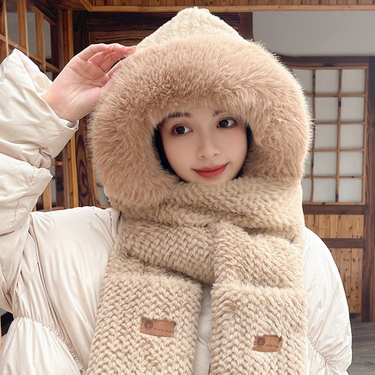 Fox Ear Hat and Scarf All-In-One Hat for Women in Winter, Cute Plush Fleece-Lined, Thickeneded and Warm, Two-Piece Set with Scarf