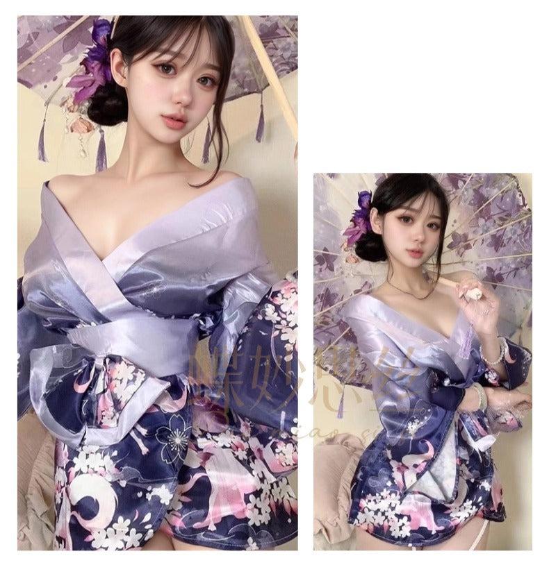 Diyi Miao Si Sexy Lingerie Deep V Floral Fox Dream Two-Dimensional Open-Front Japanese Retro Style Kimono Set A515