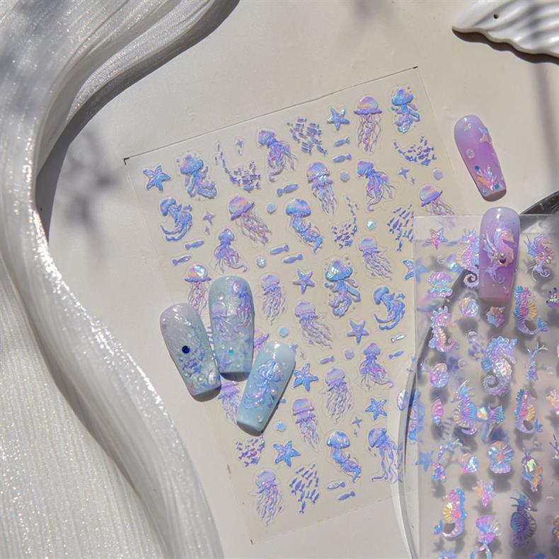 Shell Light Jellyfish Seahorse Nail Art Sticker Embossed New 5D Stereo 3D Dream Shell Ocean Nail Sticker