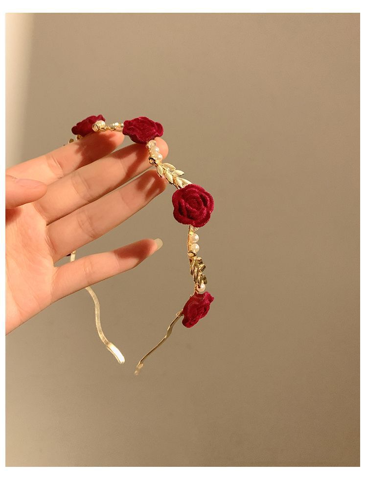 Cross-border Retro Dry Rose Red Flower Pearl Headband Women's High-end Sense Niche Hair Clamp Headband Bridal Headwear