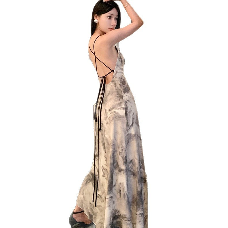 Ink Painting Suspender Dress for Women Summer 2025 New New Chinoiserie Backless Elegant Design Long Skirt Summer Dress
