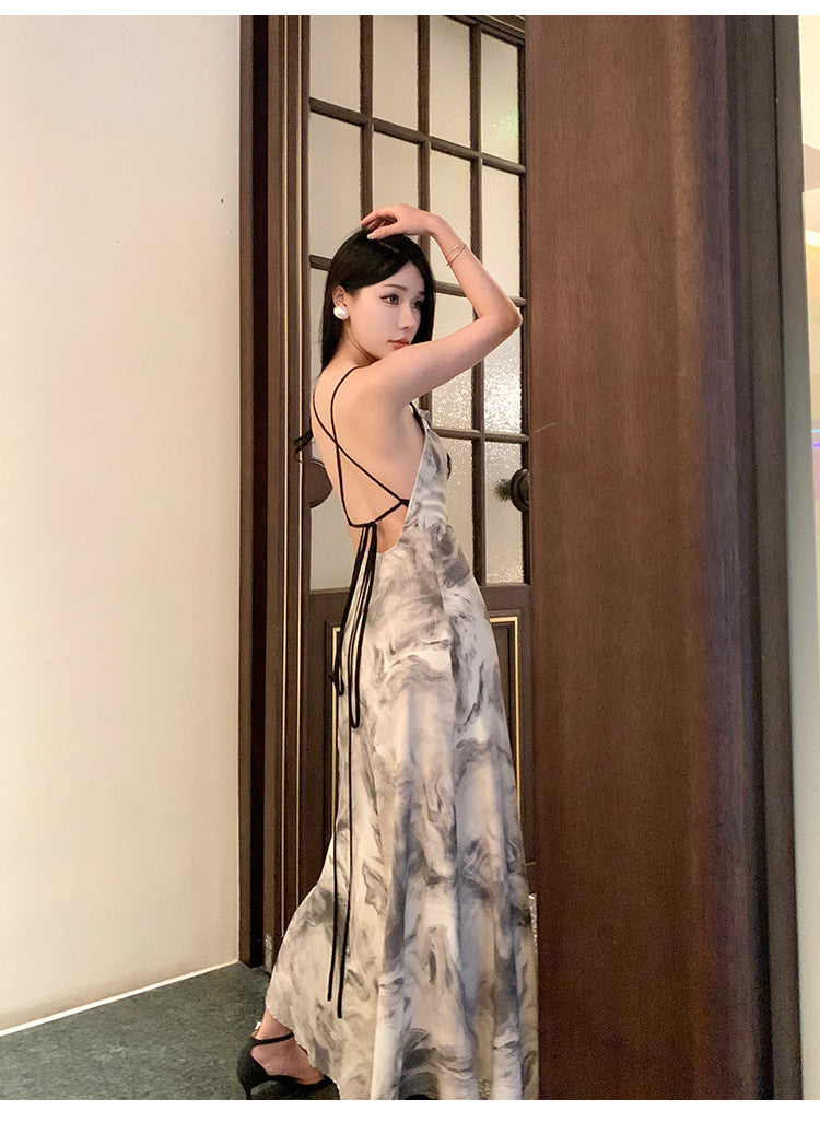 Ink Painting Suspender Dress for Women Summer 2025 New New Chinoiserie Backless Elegant Design Long Skirt Summer Dress