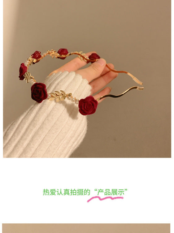 Cross-border Retro Dry Rose Red Flower Pearl Headband Women's High-end Sense Niche Hair Clamp Headband Bridal Headwear