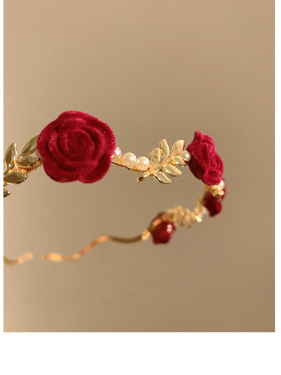 Cross-border Retro Dry Rose Red Flower Pearl Headband Women's High-end Sense Niche Hair Clamp Headband Bridal Headwear