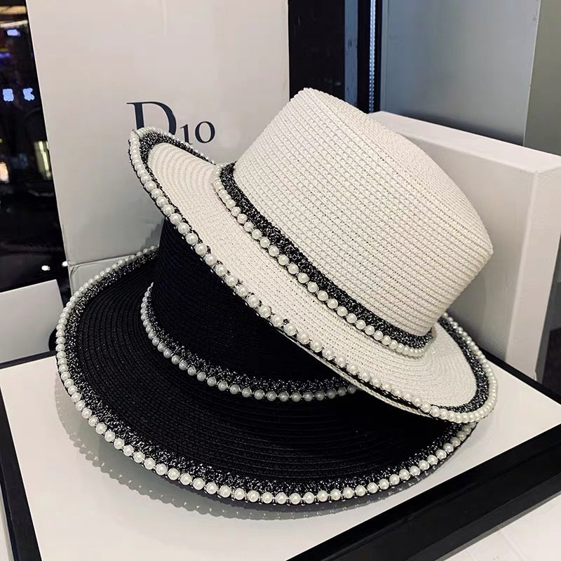 Summer Sunscreen Hat Korean Style Trendy Pearl Straw Hat Women's Seaside Sunshade Hat Outdoor UV Protection Sun Hat