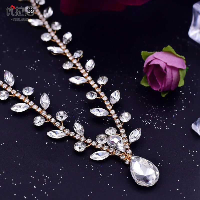 Youlapan Cross-Border European and American Simple Hairband with Rhinestones and Water Drop Design, Forehead Hair Chain, Symmetrical Hair Accessory Hp465