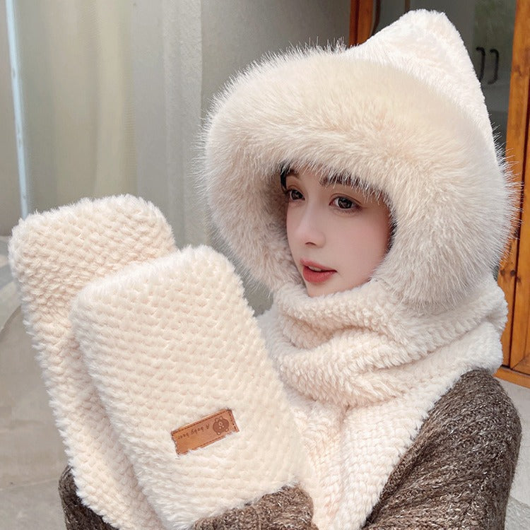 Fox Ear Hat and Scarf All-In-One Hat for Women in Winter, Cute Plush Fleece-Lined, Thickeneded and Warm, Two-Piece Set with Scarf