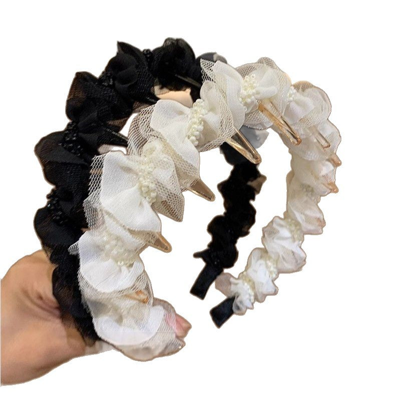 Mesh Pleated Beaded Headband for Women 2026 New Style Comb with Ribbon Headband High Crown Hair Accessory Bangs Hairpin