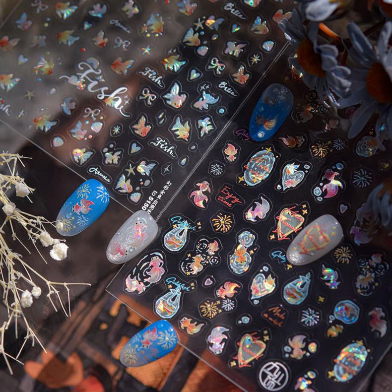 Goldfish Spark Nail Art Stickers Embossed New 3D Three-Dimensional 5D Internet Celebrity Ins National Style Koi Nail Stickers Decoration