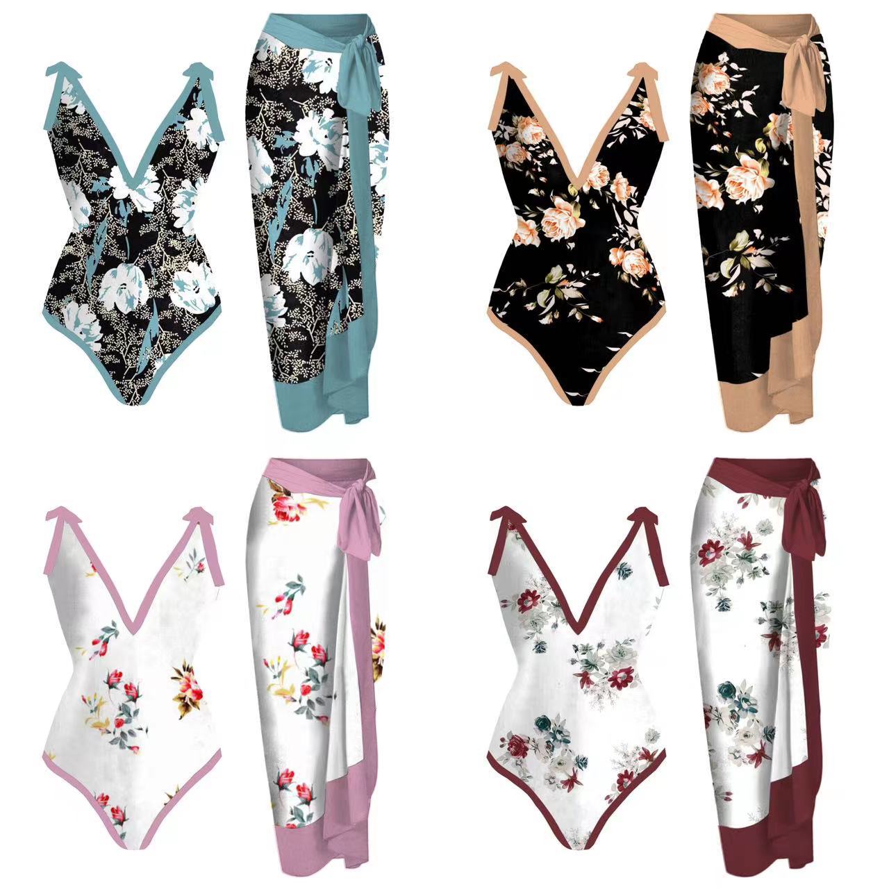 2026 European and American Foreign Trade Ins-Style Cross-Border Aliexpress Printed Swimsuit One-Piece Chiffon Hip-Covering Skirt Two-Piece Swimsuit