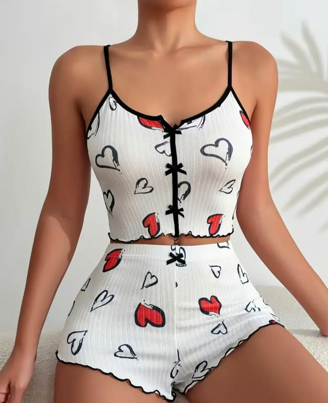 2024 Amazon Aliexpress New Product Heart-Shaped Printed Contrast Color Home Clothes Front Slit Suspender Pajamas Set