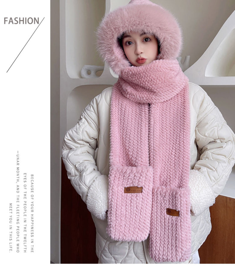 Fox Ear Hat and Scarf All-In-One Hat for Women in Winter, Cute Plush Fleece-Lined, Thickeneded and Warm, Two-Piece Set with Scarf