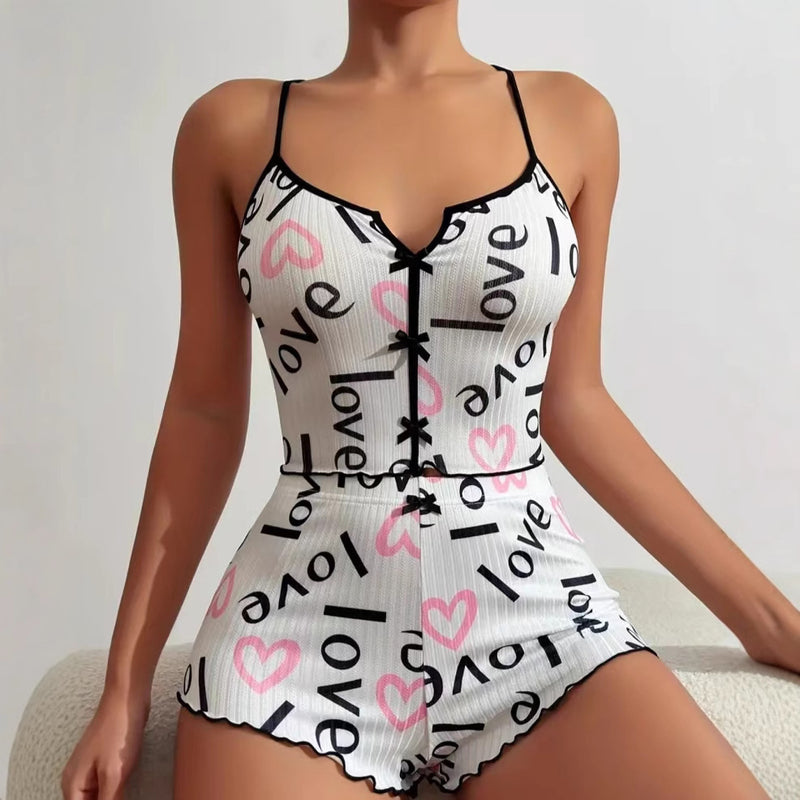 2024 Amazon Aliexpress New Product Heart-Shaped Printed Contrast Color Home Clothes Front Slit Suspender Pajamas Set