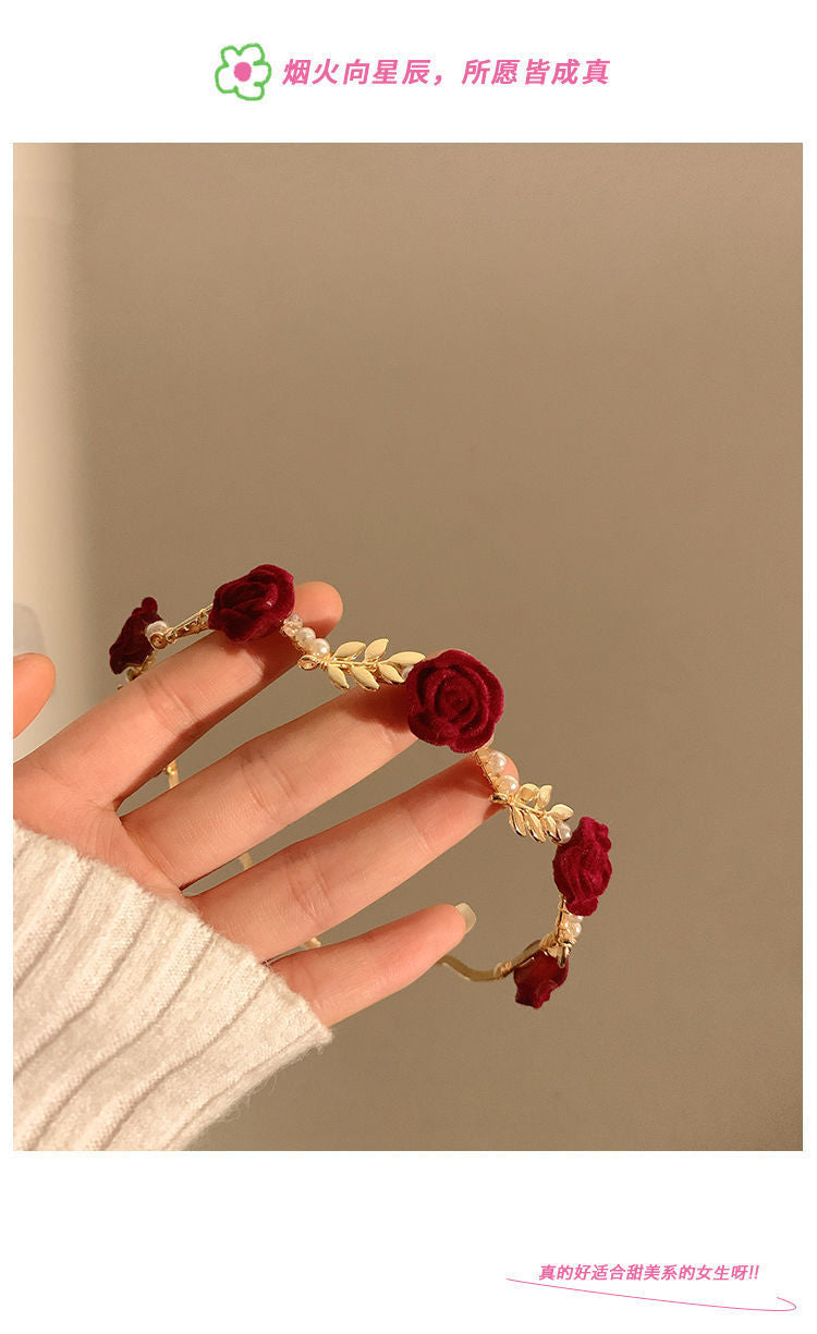 Cross-border Retro Dry Rose Red Flower Pearl Headband Women's High-end Sense Niche Hair Clamp Headband Bridal Headwear