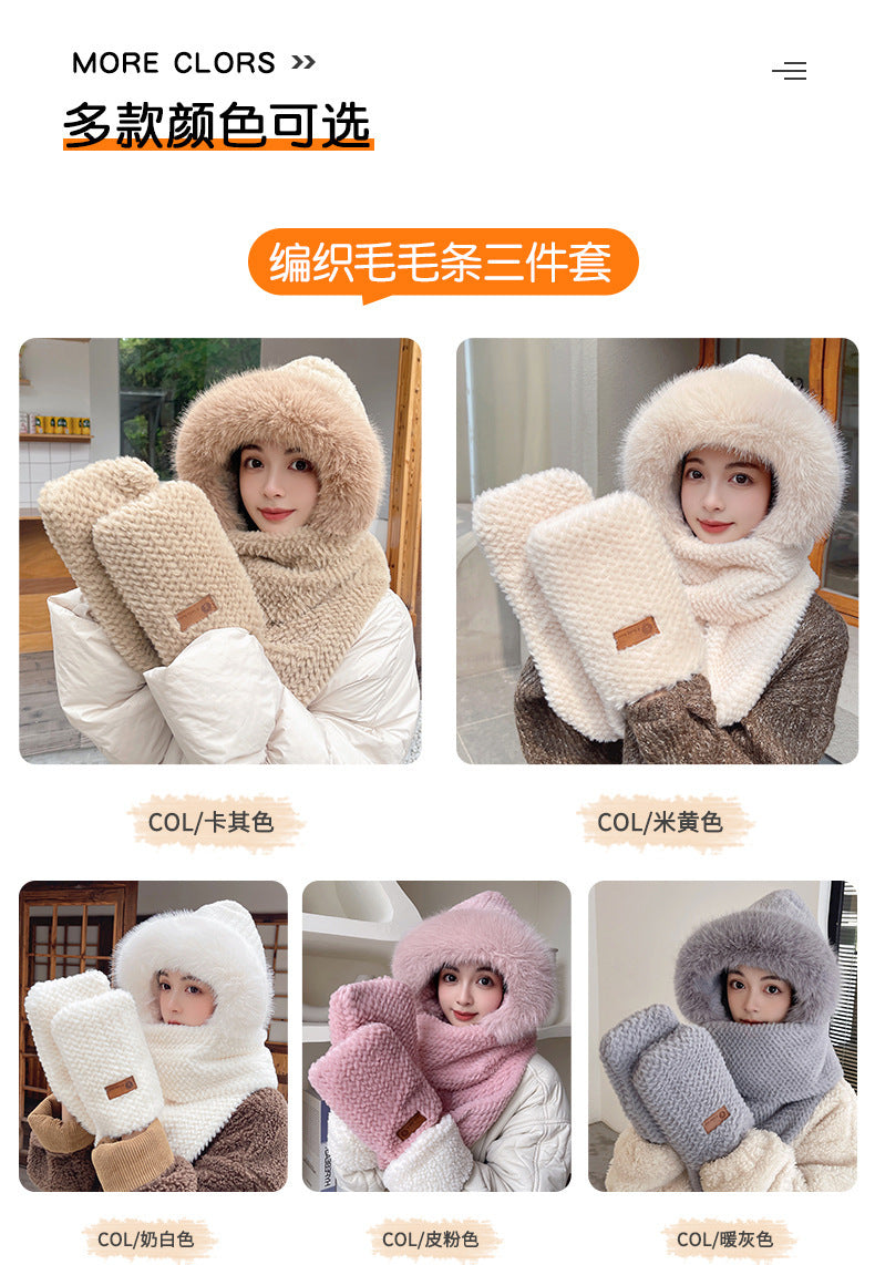 Fox Ear Hat and Scarf All-In-One Hat for Women in Winter, Cute Plush Fleece-Lined, Thickeneded and Warm, Two-Piece Set with Scarf