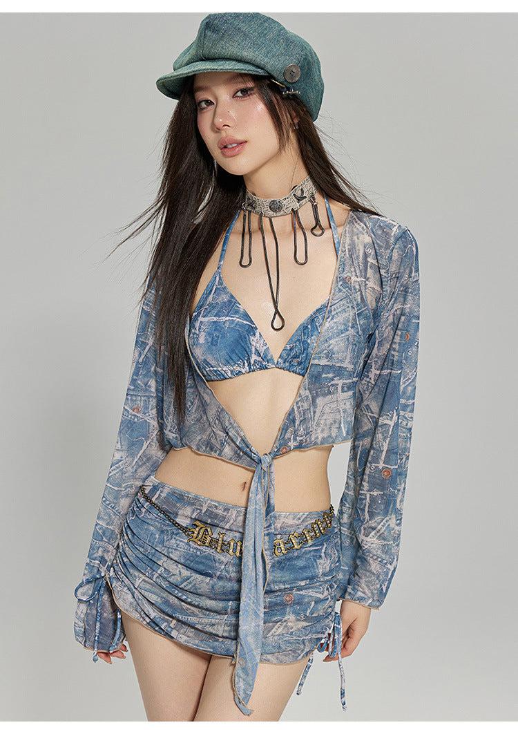 2024 New Korean Style Split Four-Piece Swimsuit, Feminine Small Breasts, Pure Desire, High-End Bikini Hot Spring Swimsuit