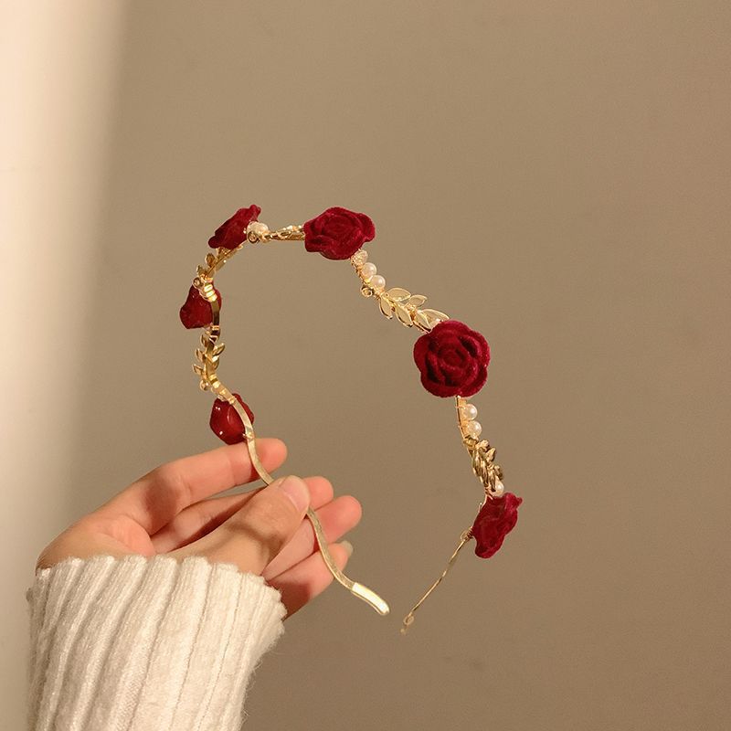 Cross-border Retro Dry Rose Red Flower Pearl Headband Women's High-end Sense Niche Hair Clamp Headband Bridal Headwear