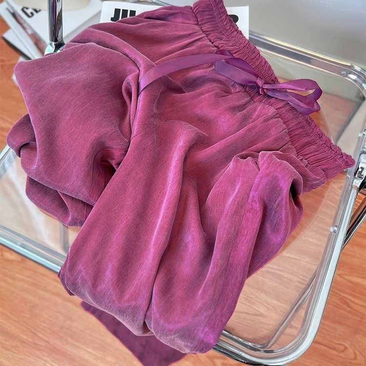 Purple Ice Silk Cool Acetic Acid Satin 2025 Summer Thin Wide Leg Pants Women's Straight Loose Dosing Casual Pants