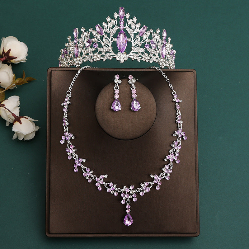 2024 New Bridal Headwear Three-Piece Crown Necklace Set Wedding Hair Accessories Wedding Accessories Jewelry Korean Style