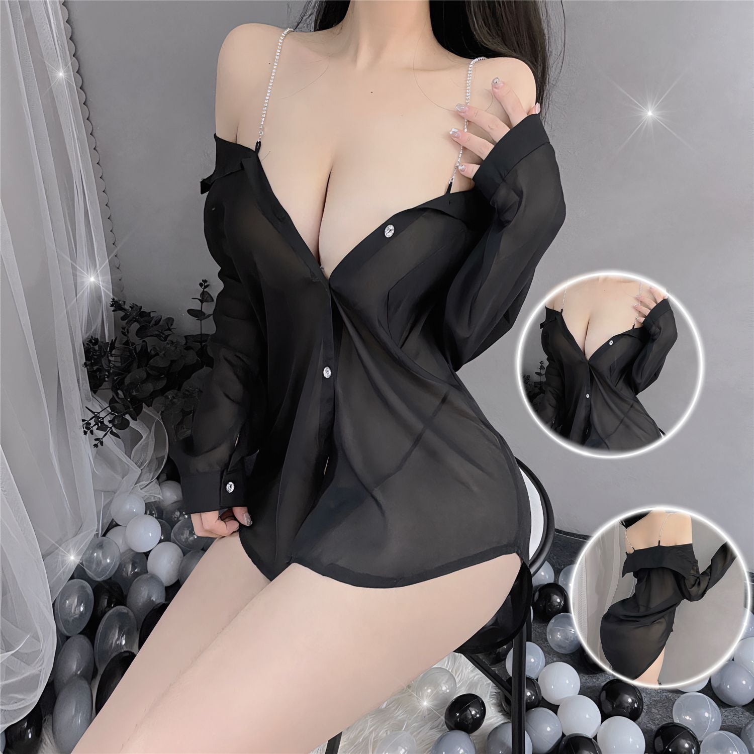Plus-Size Lingerie Boyfriend Shirt Sexy See-Through Cute Pajamas Camisole Internet Celebrity Live Streaming Outfit Sexy Lace
