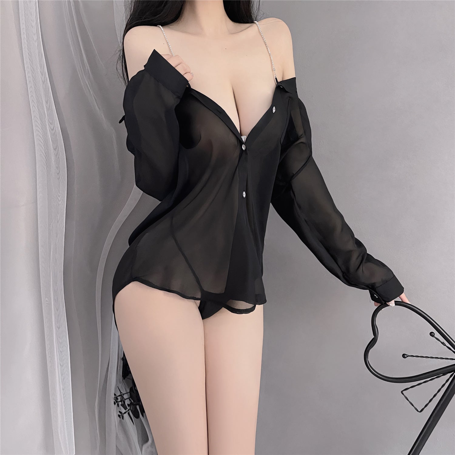 Plus-Size Lingerie Boyfriend Shirt Sexy See-Through Cute Pajamas Camisole Internet Celebrity Live Streaming Outfit Sexy Lace