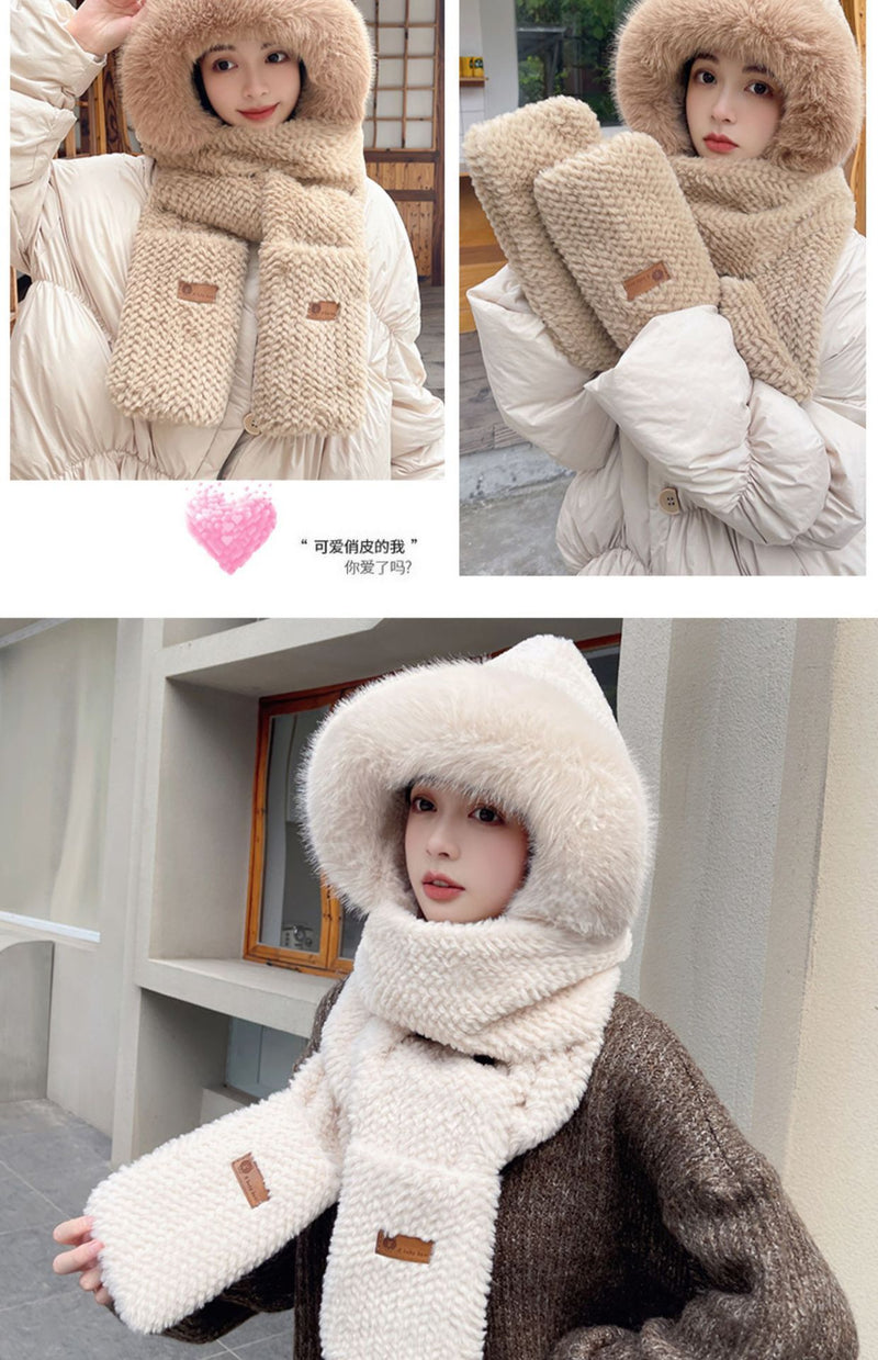 Fox Ear Hat and Scarf All-In-One Hat for Women in Winter, Cute Plush Fleece-Lined, Thickeneded and Warm, Two-Piece Set with Scarf