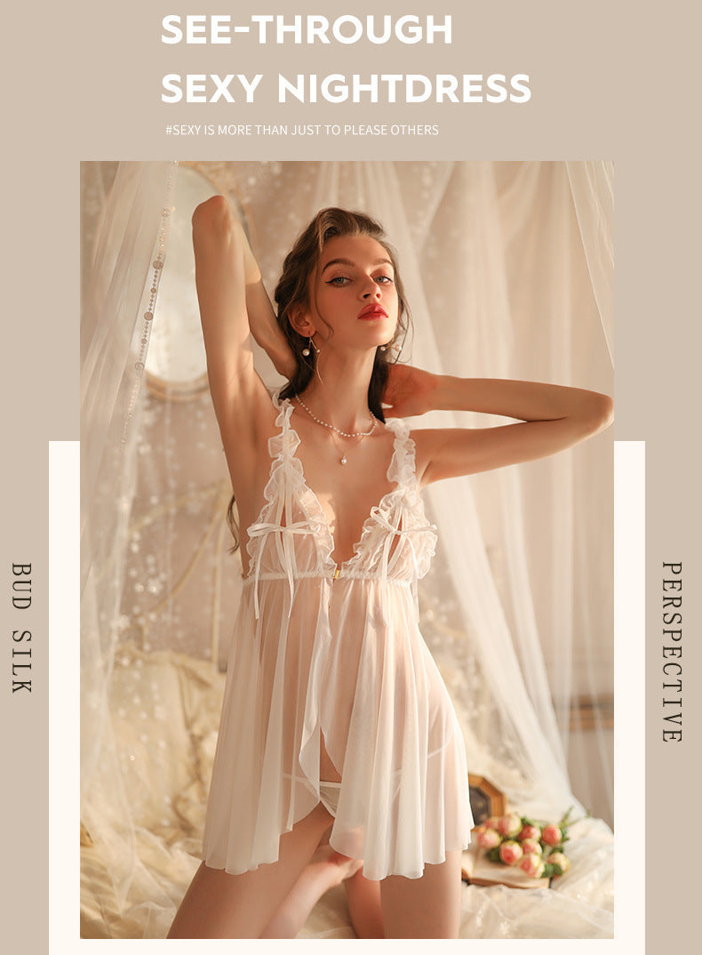 Sexy Lingerie, Sexy Pajamas, Women's See-through Lace Suspender Skirt, Ice Silk Thin Nightgown, Home Wear, Open File, No Need to Take Off