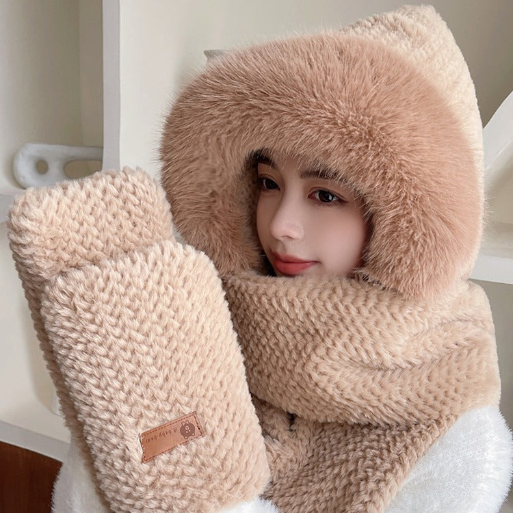Fox Ear Hat and Scarf All-In-One Hat for Women in Winter, Cute Plush Fleece-Lined, Thickeneded and Warm, Two-Piece Set with Scarf