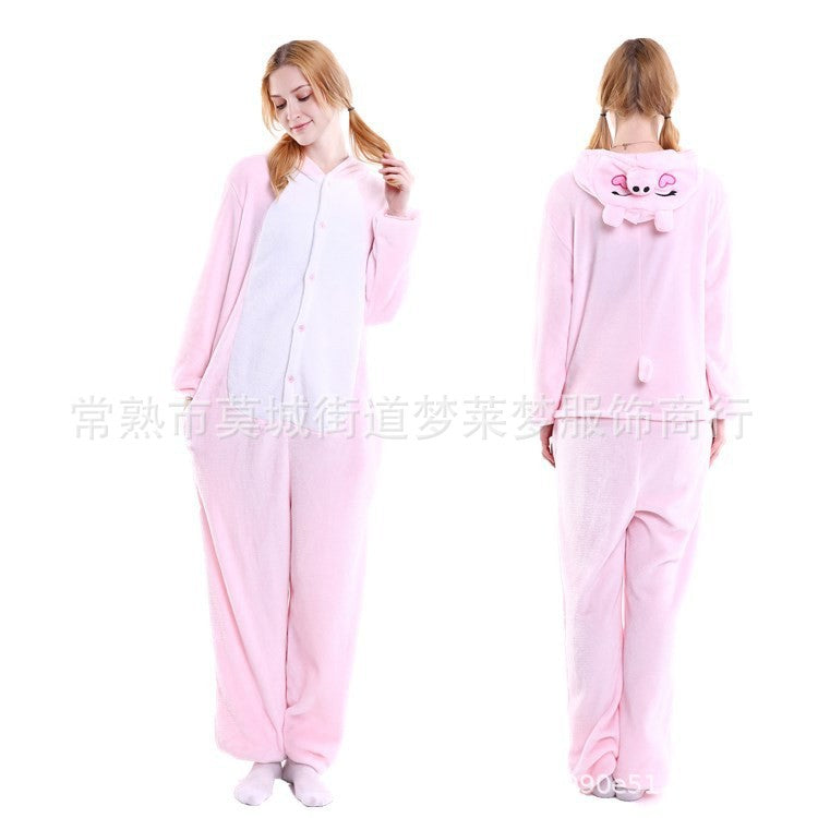 Special offer cartoon animal one-part pajamas pink pig adult autumn and winter cross-border flannel new men's and women's home clothes couple