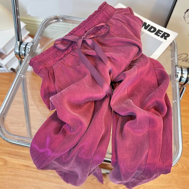 Purple Ice Silk Cool Acetic Acid Satin 2025 Summer Thin Wide Leg Pants Women's Straight Loose Dosing Casual Pants
