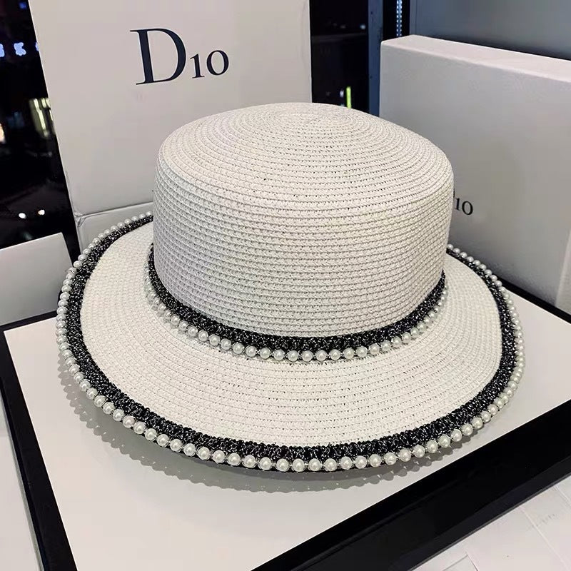Summer Sunscreen Hat Korean Style Trendy Pearl Straw Hat Women's Seaside Sunshade Hat Outdoor UV Protection Sun Hat