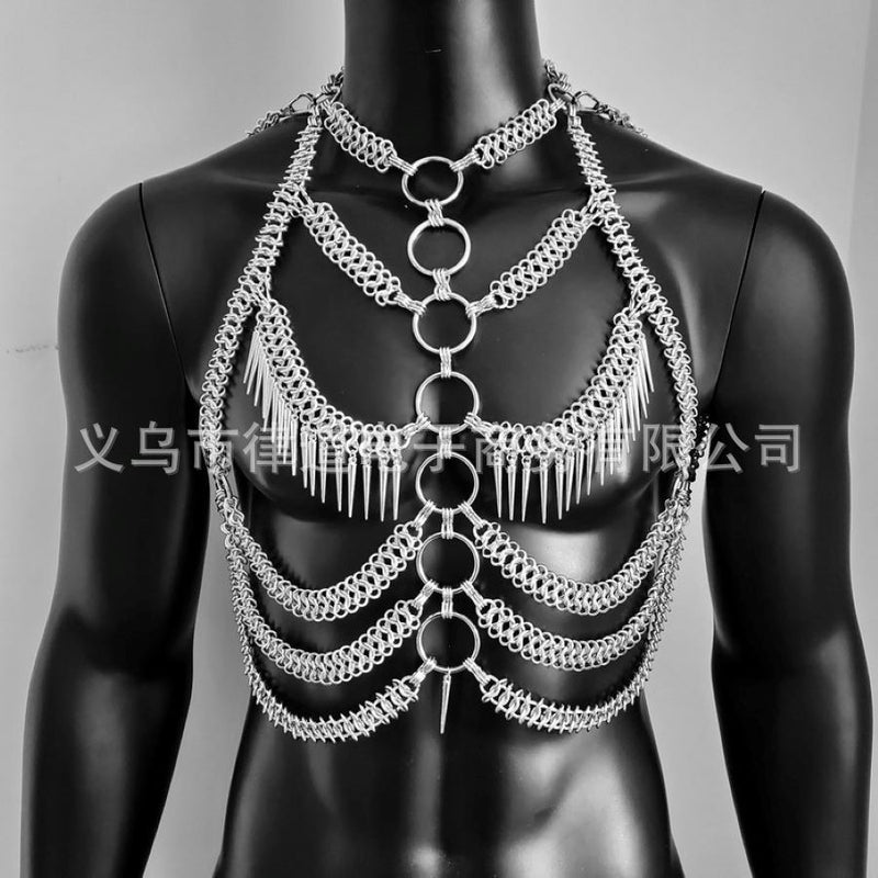European and American Cross-Border Men's Heavy Metal Body Chain Personalized Street Shooting Multi-Layer Rivet Vest Performance Shooting Accessories