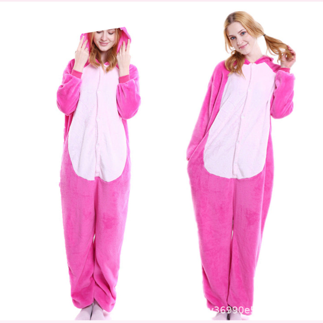 Special offer cartoon animal one-part pajamas pink pig adult autumn and winter cross-border flannel new men's and women's home clothes couple