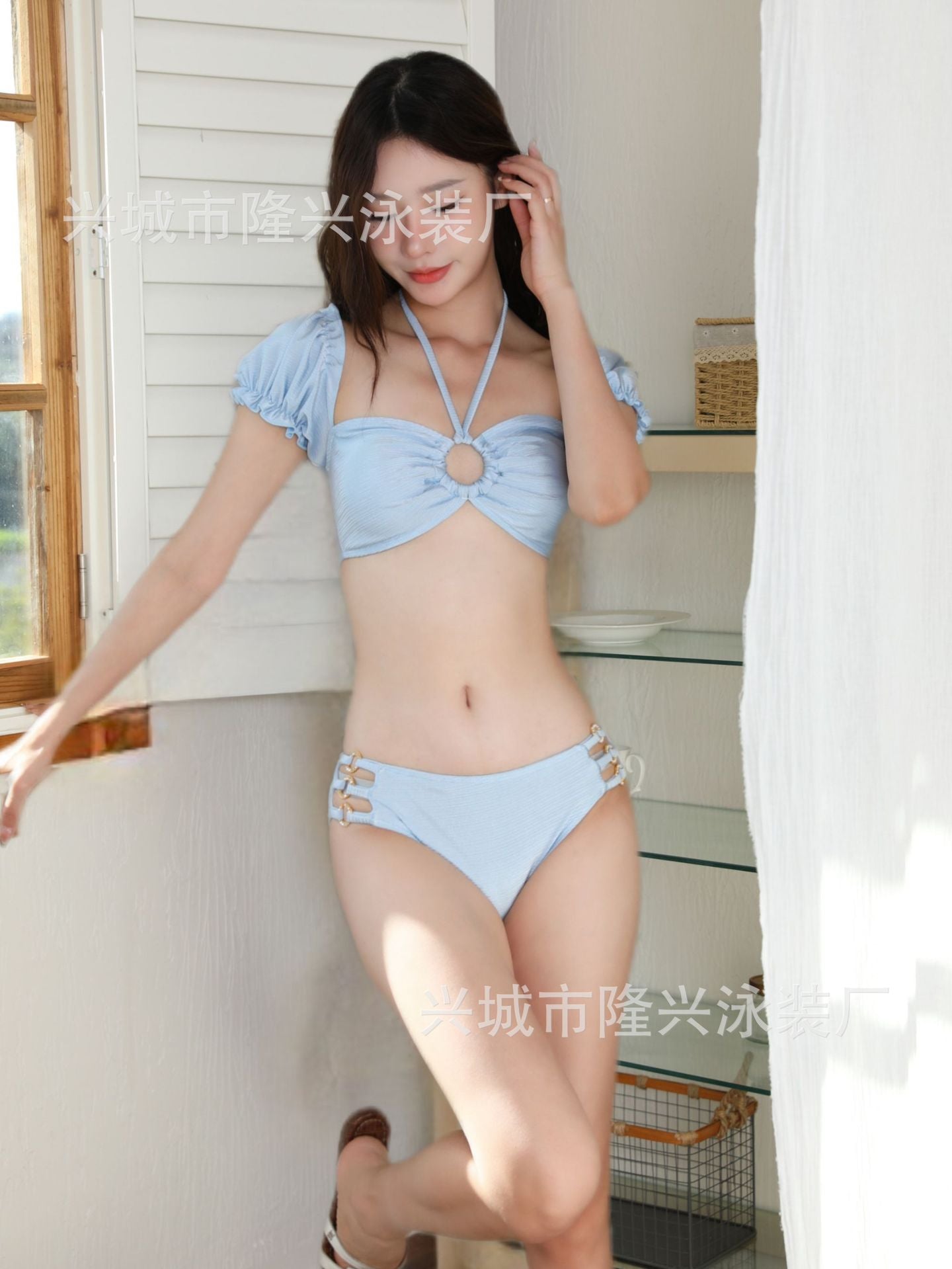 South Korea Dongdaemun Ins Style Bikini Bubble Sleeve off-shoulder Tube Top Multi-wear Swimsuit Sexy Pure Desire New Product