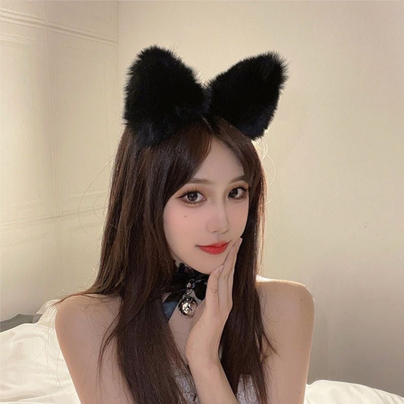 Halloween Party Masquerade Catgirl Headwear Black Lace Veil Cyber Celebrity Caution Cat Rabbit Ear Headband