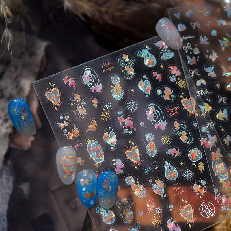 Goldfish Spark Nail Art Stickers Embossed New 3D Three-Dimensional 5D Internet Celebrity Ins National Style Koi Nail Stickers Decoration
