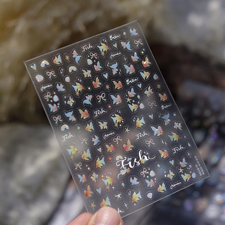 Goldfish Spark Nail Art Stickers Embossed New 3D Three-Dimensional 5D Internet Celebrity Ins National Style Koi Nail Stickers Decoration