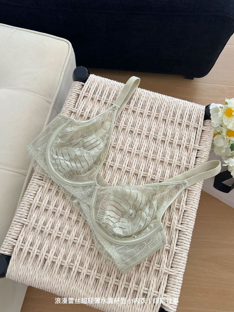 Pure Lust Style Ultra-Thin Sexy Mesh Lace Intimates for Women with Big Breasts, Small Push-Up Anti-Sagging Bra