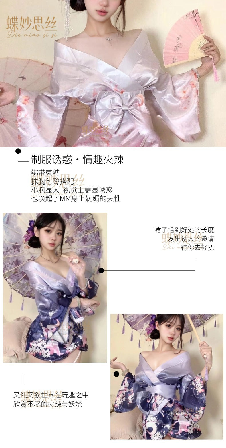 Diyi Miao Si Sexy Lingerie Deep V Floral Fox Dream Two-Dimensional Open-Front Japanese Retro Style Kimono Set A515