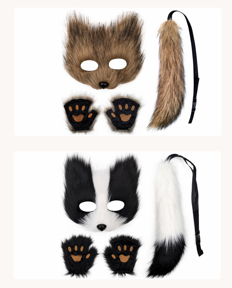 Fox Mask suit Plush Hand-made Animal Tail Gloves Tail Halloween Party Cat Animal Cos Props