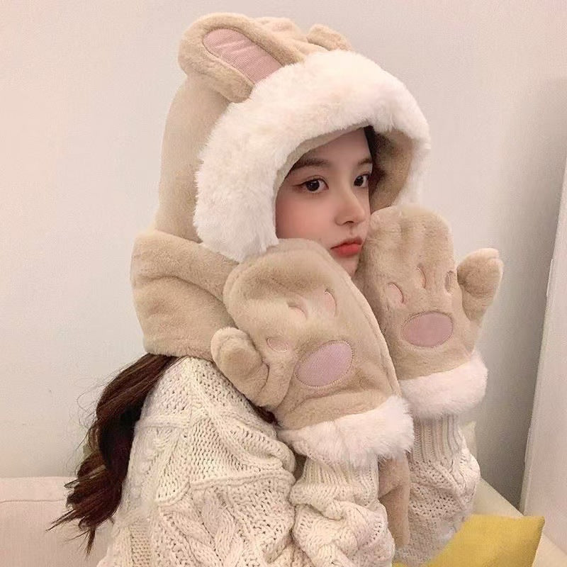 Fox Ear Hat and Scarf All-In-One Hat for Women in Winter, Cute Plush Fleece-Lined, Thickeneded and Warm, Two-Piece Set with Scarf