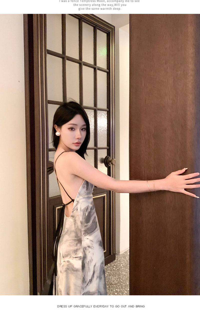 Ink Painting Suspender Dress for Women Summer 2025 New New Chinoiserie Backless Elegant Design Long Skirt Summer Dress