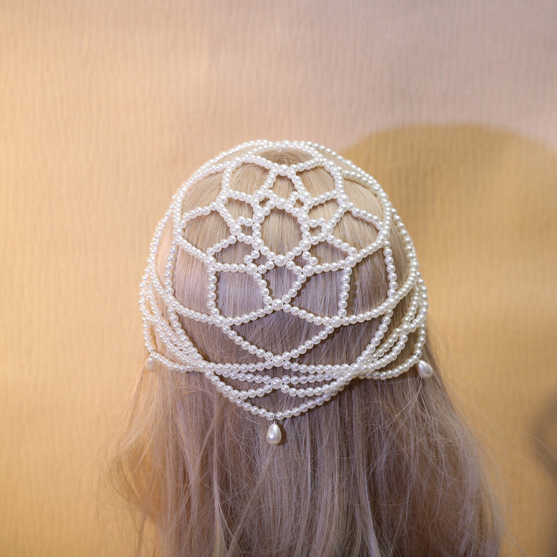 Handmade Beaded Pearl Mesh Hat Hair Net Bridal Dress Headdress Exotic Style High-End Niche Water Drop Hair Hoop Hair Cover