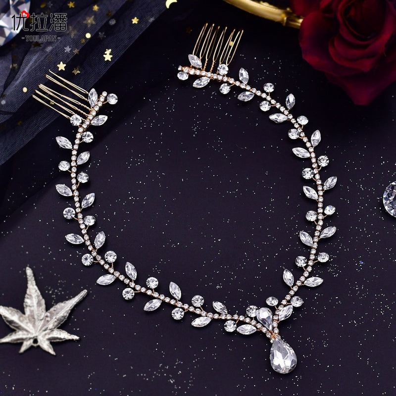 Youlapan Cross-Border European and American Simple Hairband with Rhinestones and Water Drop Design, Forehead Hair Chain, Symmetrical Hair Accessory Hp465