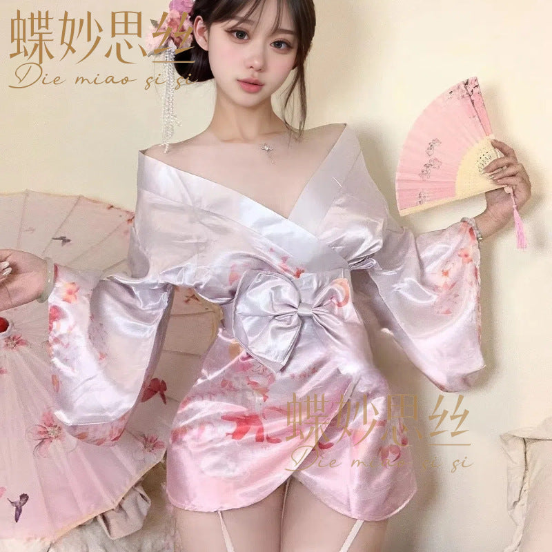 Diyi Miao Si Sexy Lingerie Deep V Floral Fox Dream Two-Dimensional Open-Front Japanese Retro Style Kimono Set A515