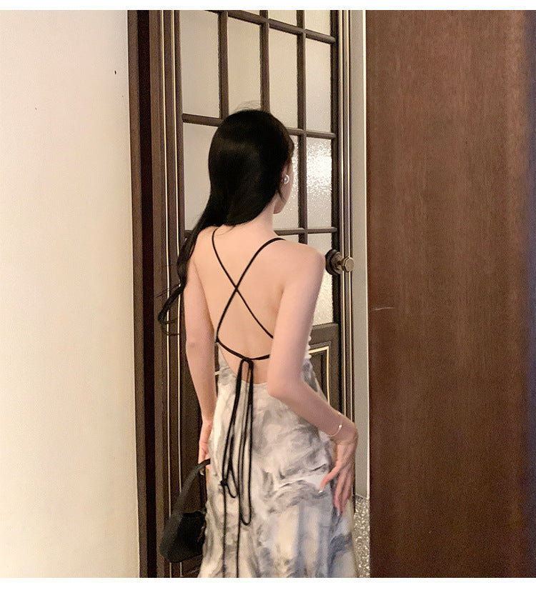 Ink Painting Suspender Dress for Women Summer 2025 New New Chinoiserie Backless Elegant Design Long Skirt Summer Dress